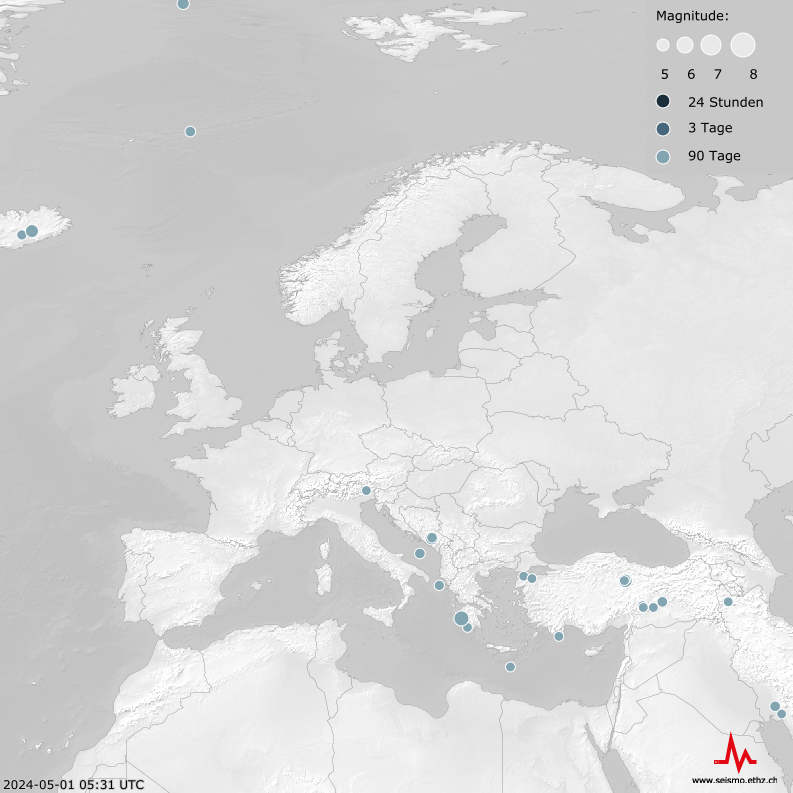 Earthquake Map of the Euro-Mediterranean area, mag. >= 4.5, last 90 Days