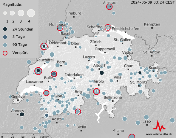 Erdbebenkarte Schweiz, letzte 90 Tage
