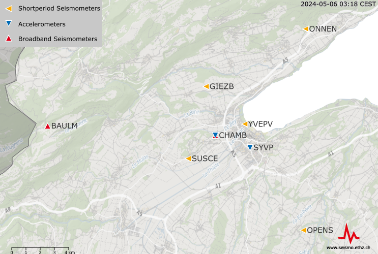 Seismische Stationen in der Nähe von Yverdon-les-Bains