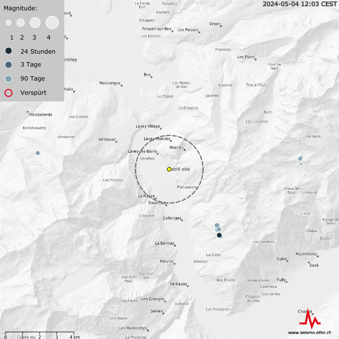 Erdbeben bei Lavey-les-Bains, letzte 90 Tage