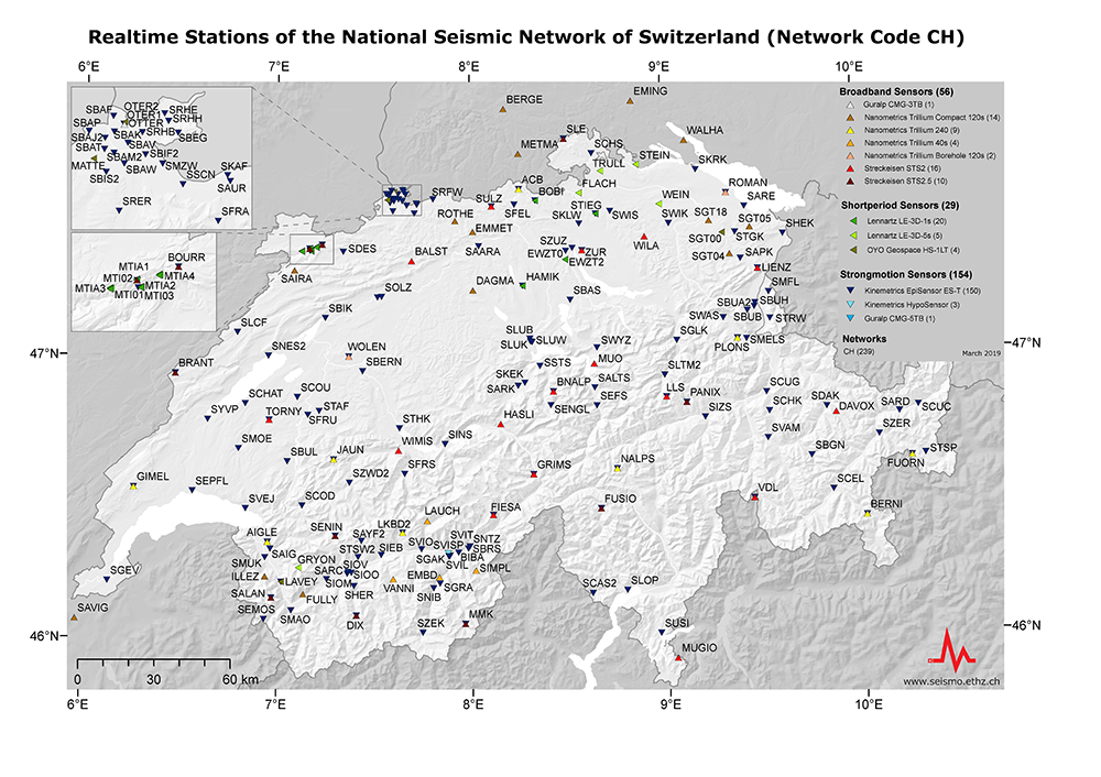 Stazioni di monitoraggio in tempo reale della rete sismologica nazionale svizzera (CHNet) 2019