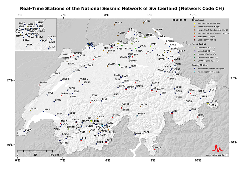 Stazioni di monitoraggio in tempo reale della rete sismologica nazionale svizzera (CHNet) 2017
