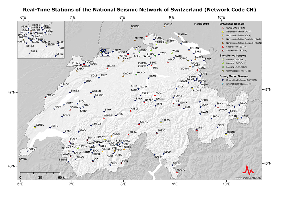Stazioni di monitoraggio in tempo reale della rete sismologica nazionale svizzera (CHNet) 2018