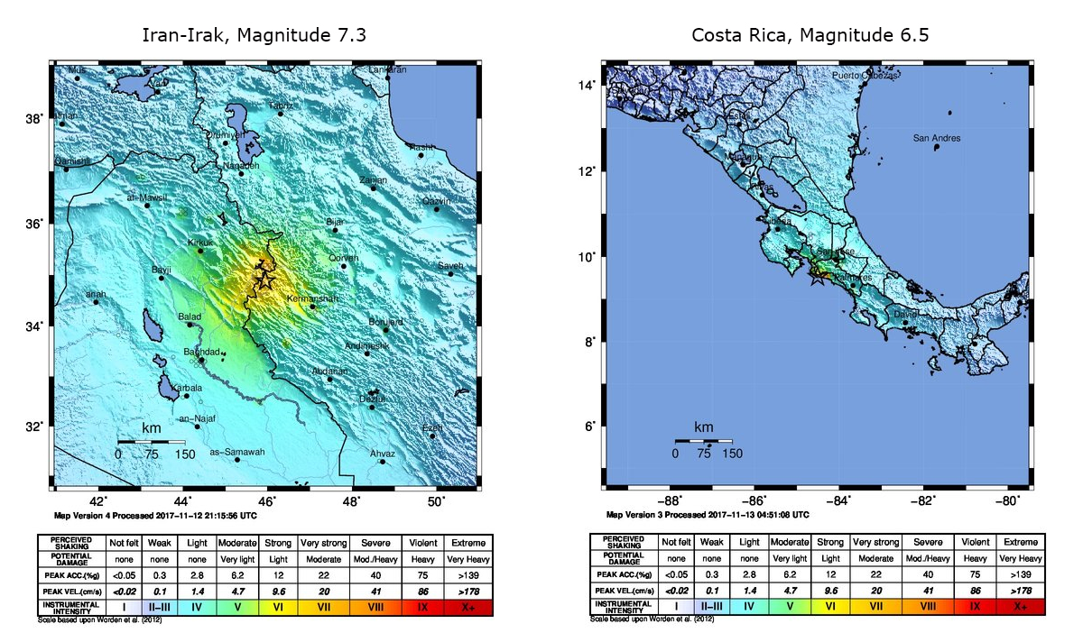 Severe earthquakes in the Iran-Iraq border region and in Costa Rica