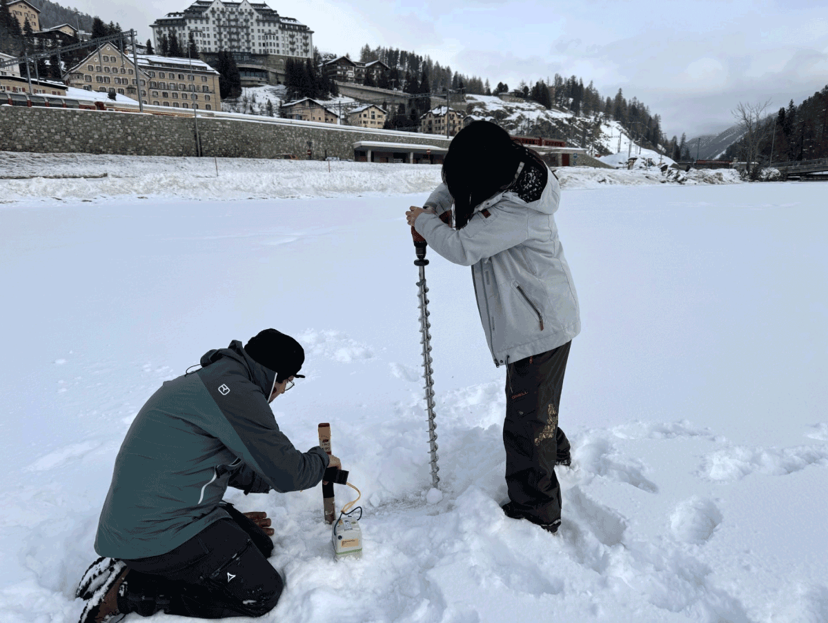 For all 43 seismic nodes deployed on the lake ice, the project team carefully installed the sensors then attached them to small poles for security. The ice thickness was also directly measured using a large drill.