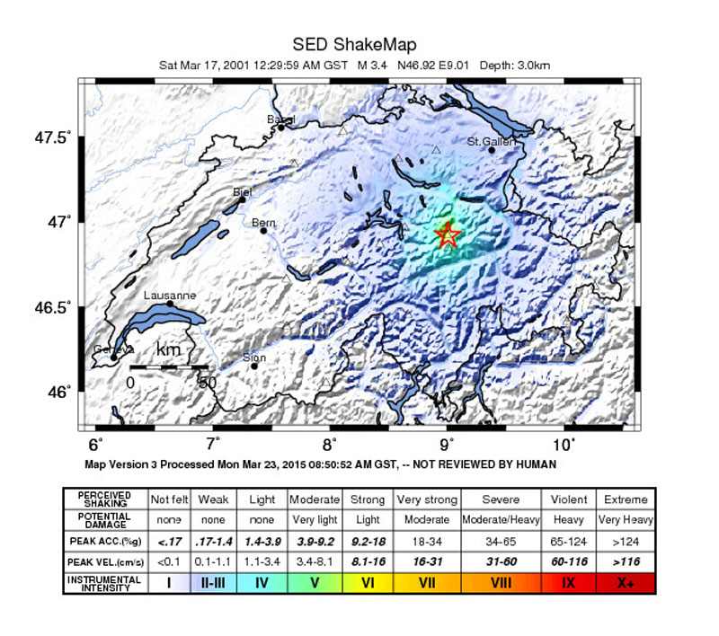 ShakeMap of the magnitude 3.4 earthquake that occurred in Linthal on 17 March 2001