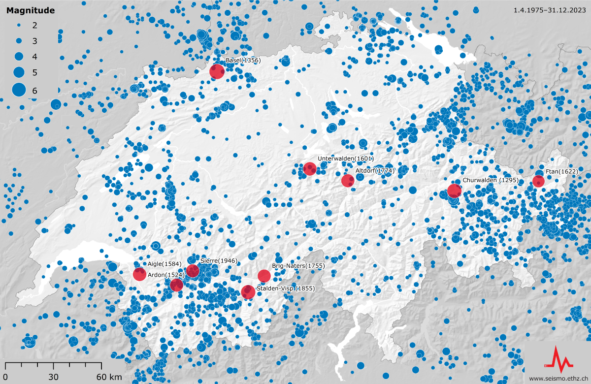 The ten strongest earthquakes in Switzerland