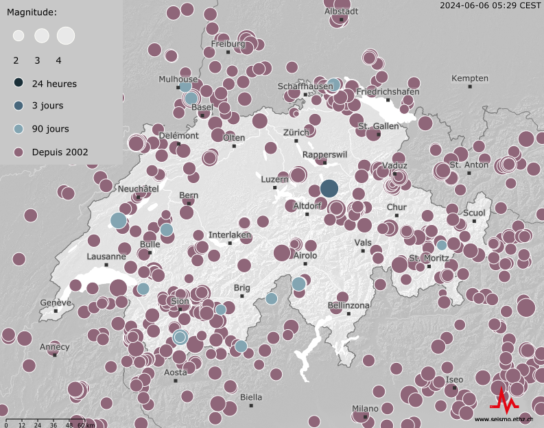 Map Earthquakes since 2002, potentially felt in Switzerland