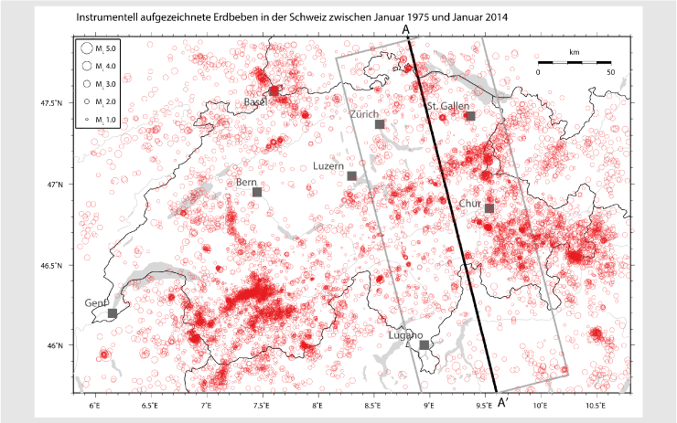 Karte mit  Erdbeben Schweiz 1975-2014