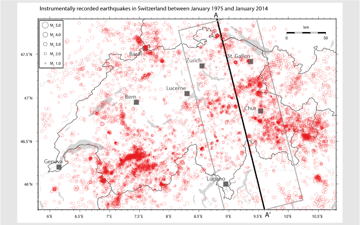 Map Swiss earthquakes 1975-2014
