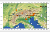 Map with the largest earthquakes (magnitude greater equal 6) in and around the Alps in the last millennium
