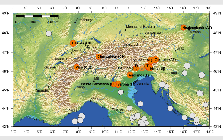 Mappa dei terremoti più forti (magnitudo maggiore uguale a 6) dell’ultimo millennio nella zona alpina