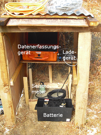 ein Seismometer, ein Datenerfassungssystem, eine Batterie und ein Ladegerät